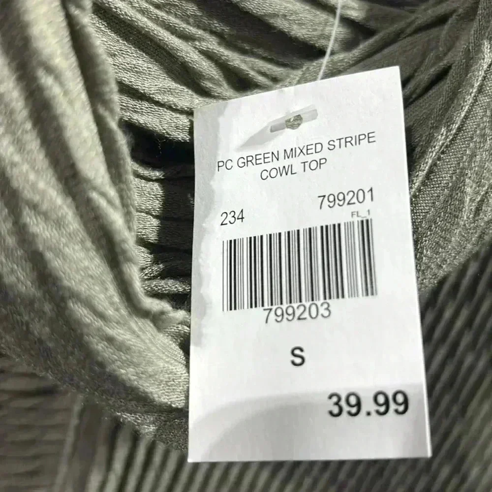 One World Cowl Neck,mixed textured stripe, long top, pocket front,silky soft